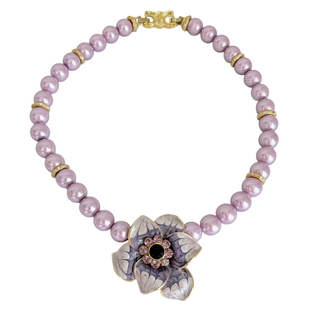 Lavender Faux Pearl Necklace Marbled Flower Rhinestone Gold Tone Statement 18"